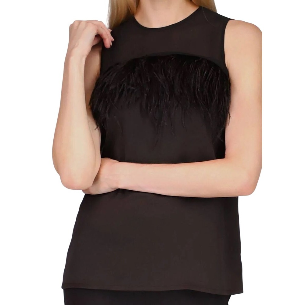508.Michael Kors Womens Black Feathered Darted Sheer Yoke, Cocktail Top Xs